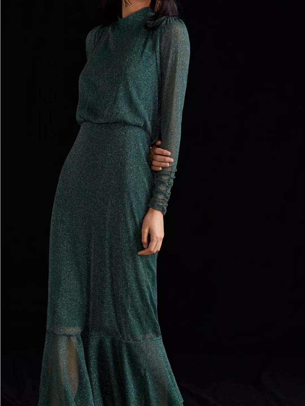 Anthropologie Teal Green Long Sleeve Sparkle Maxi Dress